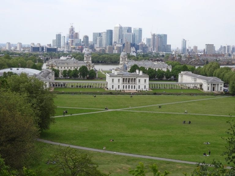 London - taken from Royal Observatory Grenwich Declared to be the reference point for world time and longitude Queen's house in the foreground, across Docklands to London city