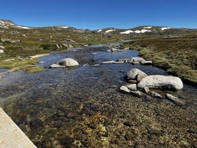 Snowy River - Mt Kosciusko off to left. Seaman's Hut on horizon on left